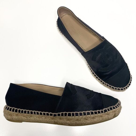 Chanel Satin CC Espadrille EU 38 US 7-7.5 Black Slip On Cap Toe Grosgrain Flat - Picture 2 of 13